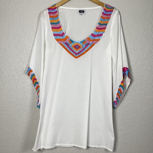 Mud Pie White Daphne Tunic Top Womens Size Medium‎ Beaded Cover Up Dress Rainbow - Picture 1 of 10